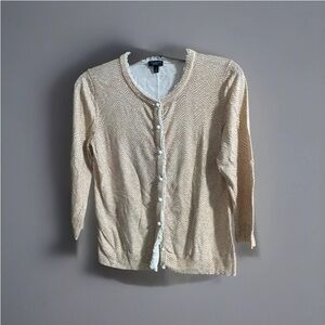 Talbots Tan & White Long Sleeve Ruffle Trim Cardigan Sweater sz Small